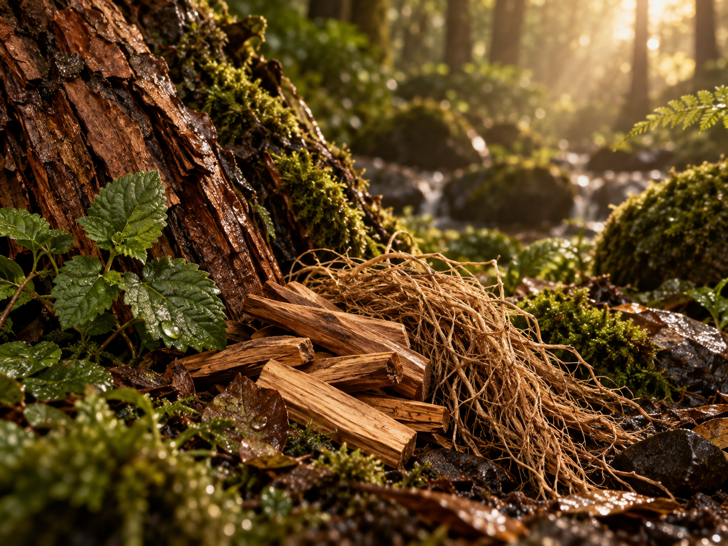 Madeiras, raízes e musgo em uma floresta