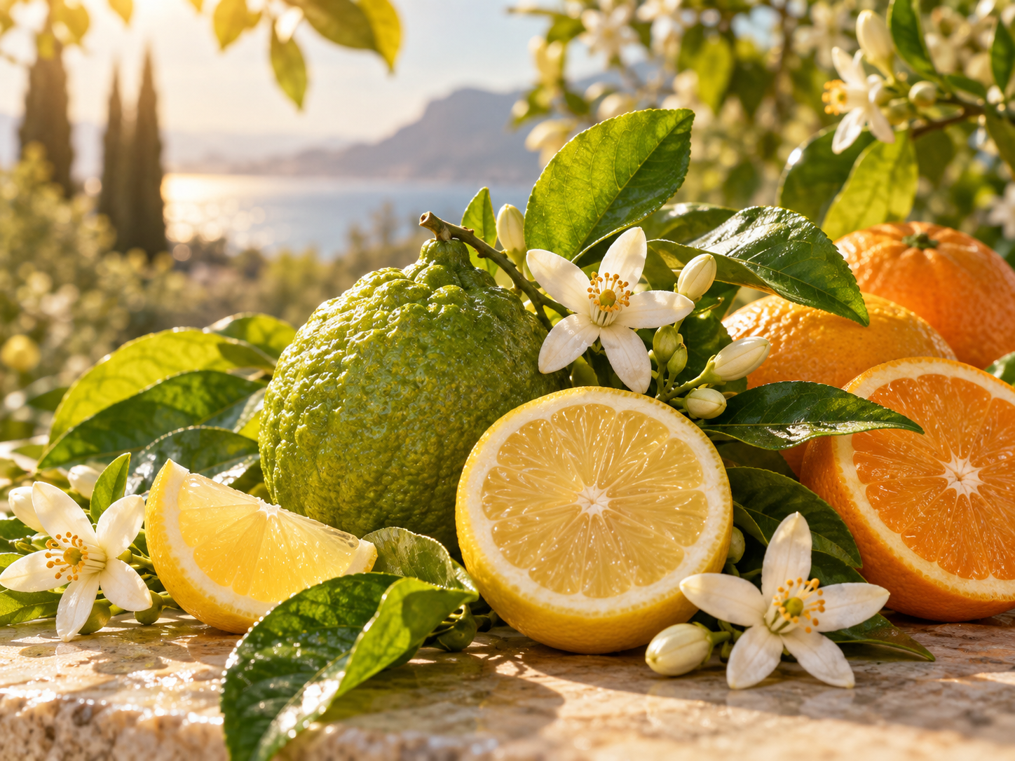Frutas cítricas e flores sob a luz do sol