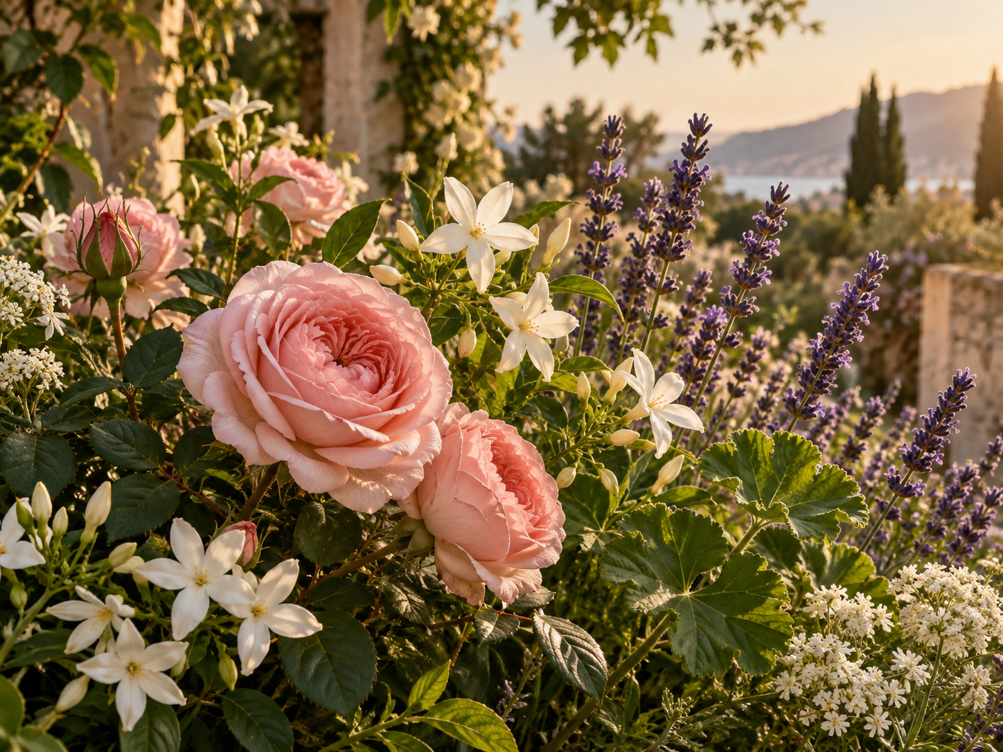 Rosas, jasmim e lavanda em um jardim
