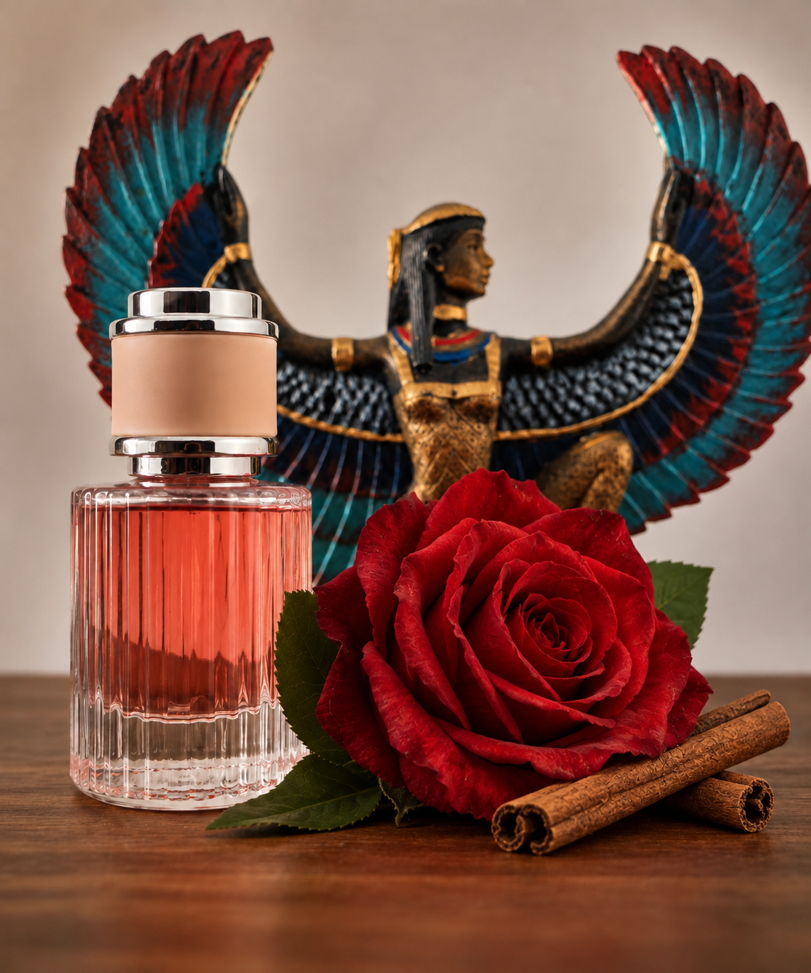 Frasco do perfume Rosa Vermelha com rosas e canela